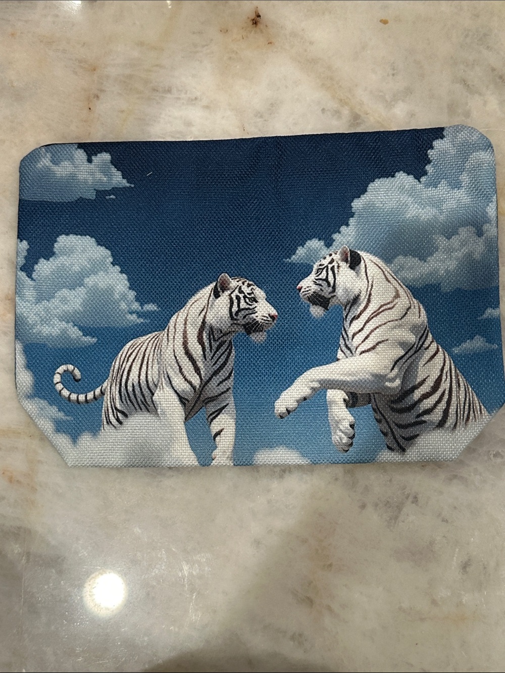 White Tiger Print Zip Pouch - Blue Sky Background